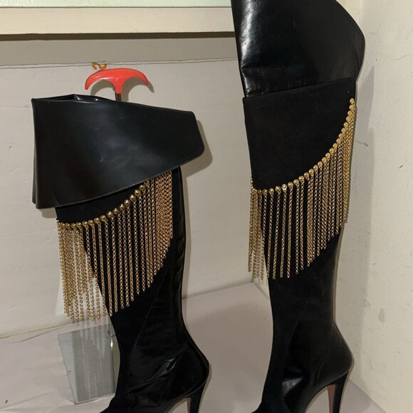 36/6❤️ITALY Francesco Sacco Leather Over Knee High Heels Tall Gold Chain Boots - Picture 4 of 10